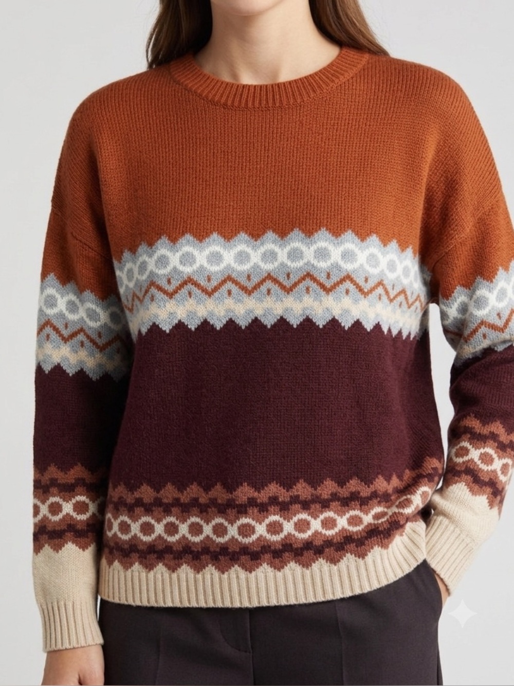 Women's Crewneck Sweater in Rust, Burgundy & Cream - Patterned Knit
